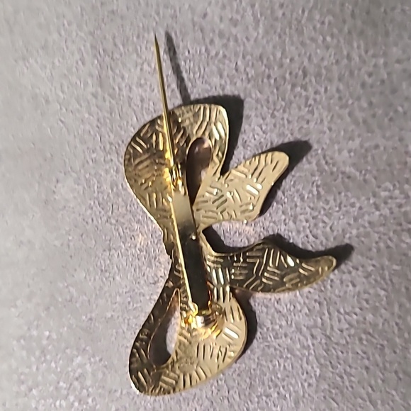 Vintage 1980's Gold Tone Cloisonne Bow Brooch Floral Enamel - Picture 6 of 11